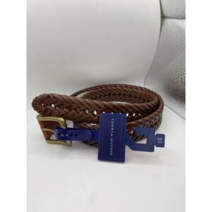 Tommy Hilfiger Mens Leather Trim Braided Laced  Belt Brown 30 Brass Buckle New